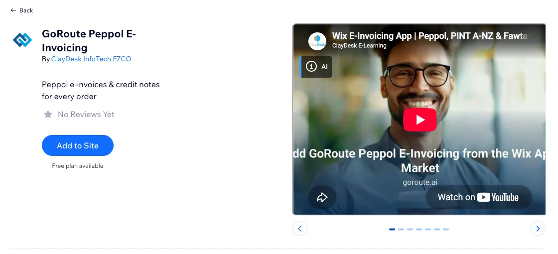 The GoRoute Peppol E-Invoicing listing on the Wix App Market, showing the Add to Site button with the words Free plan available underneath it