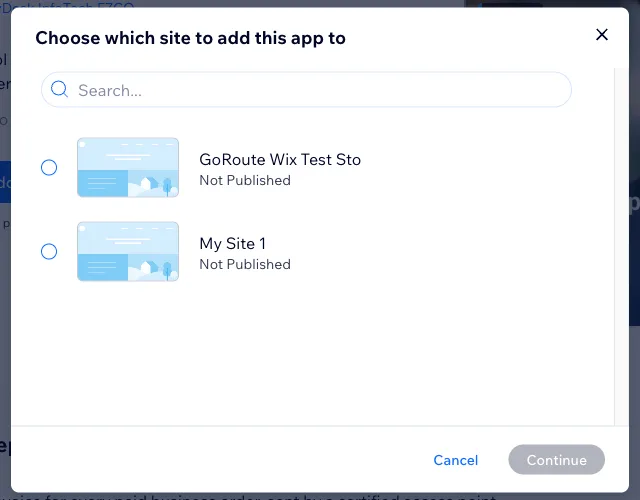 The Wix dialog headed Choose which site to add this app to, listing the merchant’s sites with a Continue button