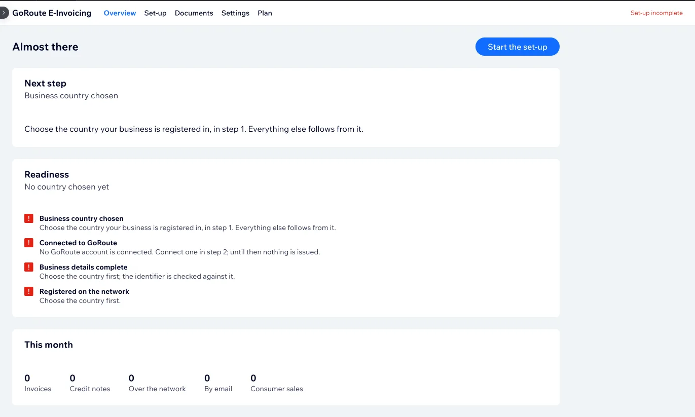 The app’s Overview screen before set-up, headed Almost there, with four readiness checks — business country chosen, connected to GoRoute, business details complete and registered on the network — all marked as not done