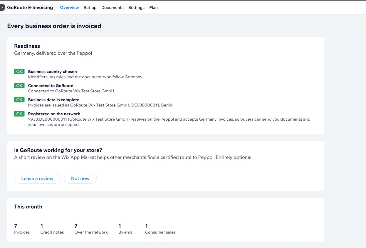 The app’s Overview screen after set-up for a German store, headed Every business order is invoiced, with all four readiness checks marked OK and a count of the month’s invoices, credit notes, network deliveries, email deliveries and consumer sales
