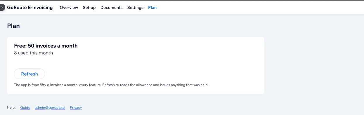 The app’s Plan tab showing the free plan of fifty invoices a month with eight used this month, and a Refresh button that re-reads the allowance